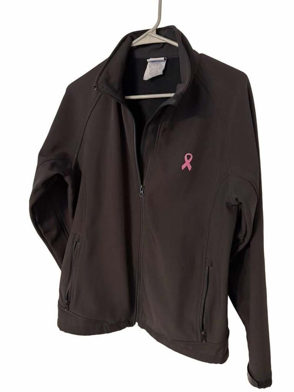 Breast Cancer Black Zip Soft Shell Jacket with Pink Ribbon Embroidery Size M